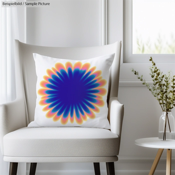 White chair with cushion featuring a vibrant, rainbow-colored floral spiral design near a window with light curtains.