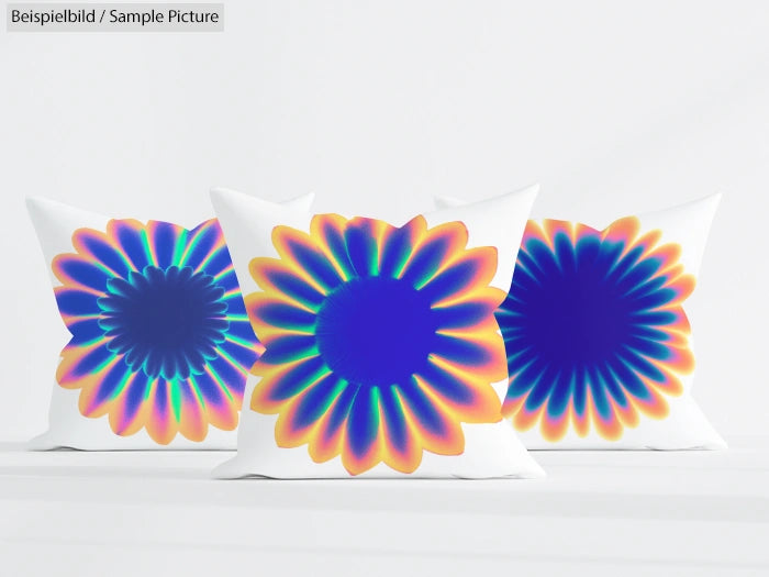 Three pillows with vibrant holographic flower designs on a white background.