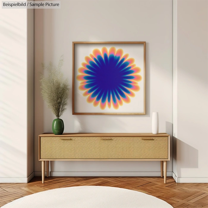 Minimalist room with a beige sideboard, ornamental grass vase, and framed colorful abstract flower art.