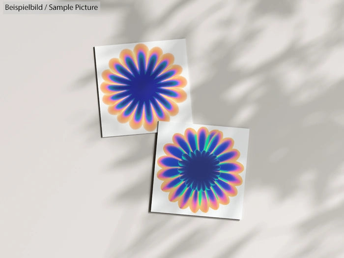 Two vibrant flower-like artworks with multicolored petals and dark centers displayed on a light surface with shadow.