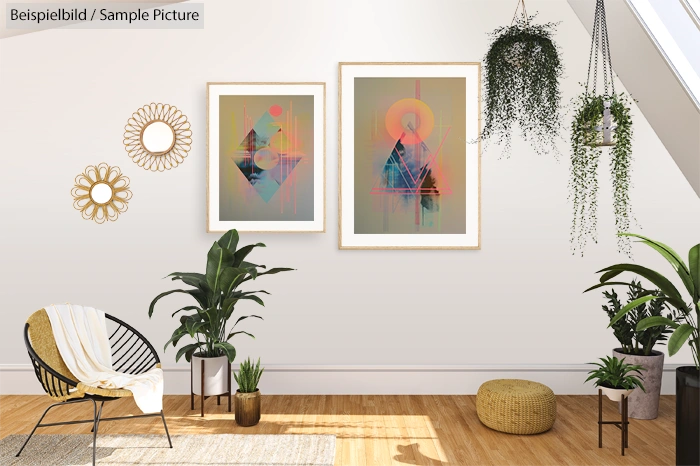 Modern living room with abstract art, plants, and bohemian decor. Includes two framed paintings and wicker furniture.