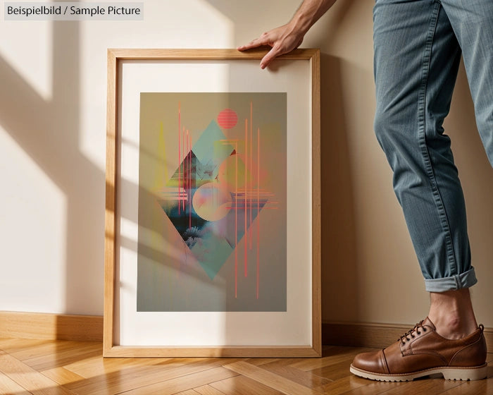 Person holding framed abstract artwork with geometric shapes and colorful lines against a light wall.