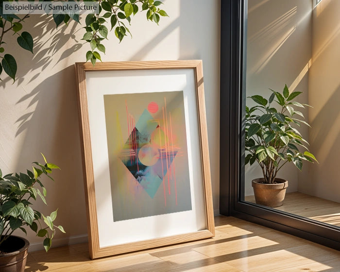 Framed abstract geometric art with natural light and potted plants in a modern interior space.
