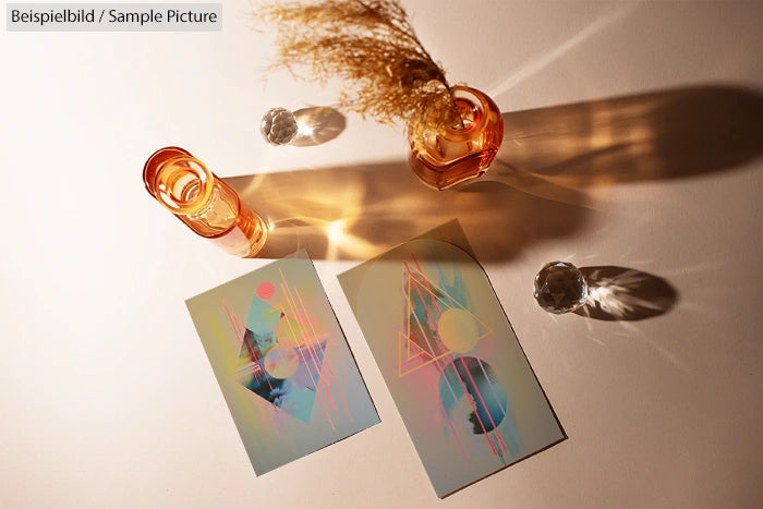 Two abstract geometric art prints on table with orange glassware and decorative plant casting shadows.