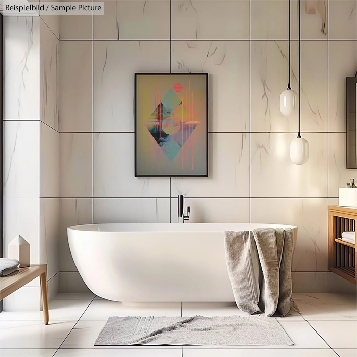 Modern bathroom with a white freestanding tub, abstract wall art, pendant lights, and a wooden vanity.