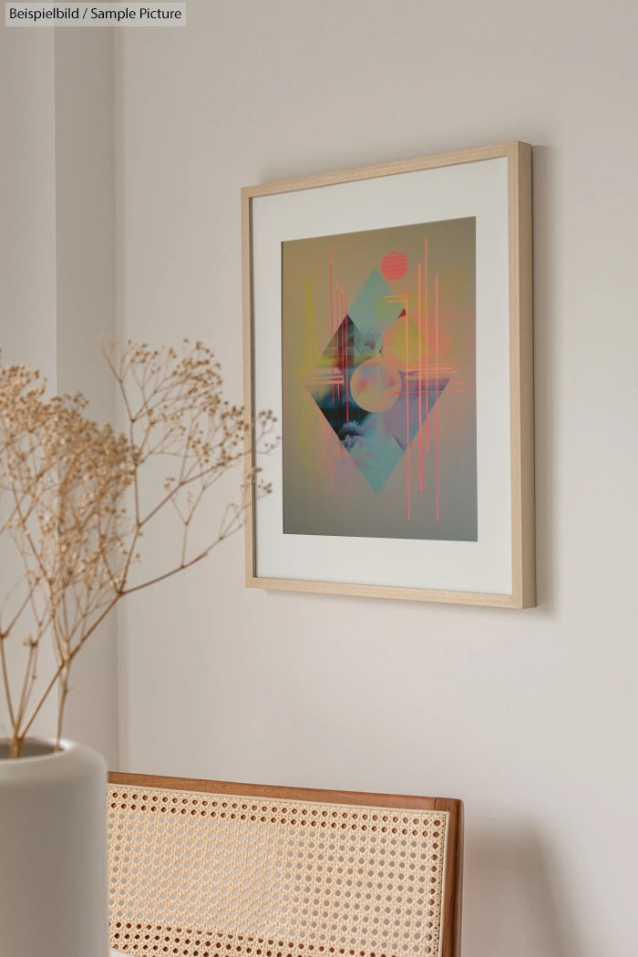 Framed geometric abstract art on wall near a wicker chair and dried plant.