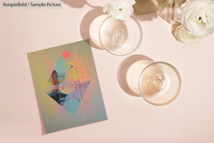 Geometric abstract artwork with pastel colors beside two clear glass bowls on a light pink surface.