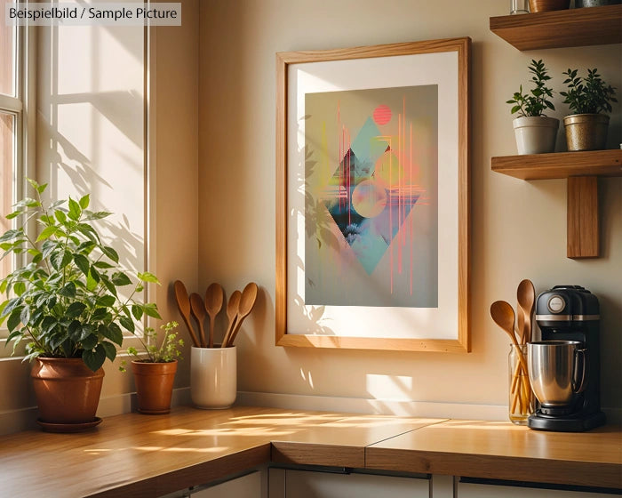 Modern kitchen interior with sunlight, abstract art on wall, plants on counter, and kitchen appliances near window.