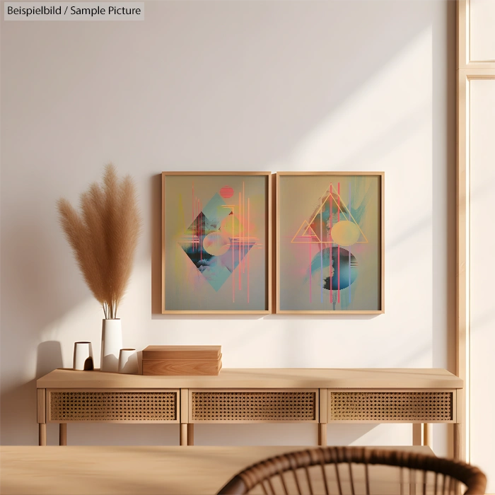Minimalist room with abstract geometric art, wooden console, vases with dried plants, and natural light.