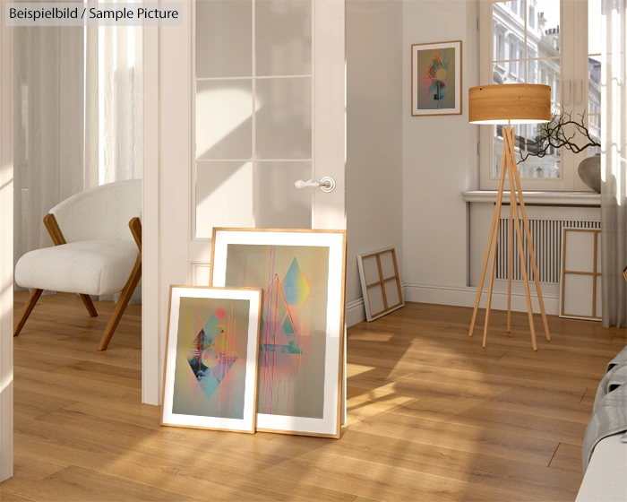 Bright room with wooden floor, white door, modern abstract art frames on floor, tall lamp, and cozy armchair.