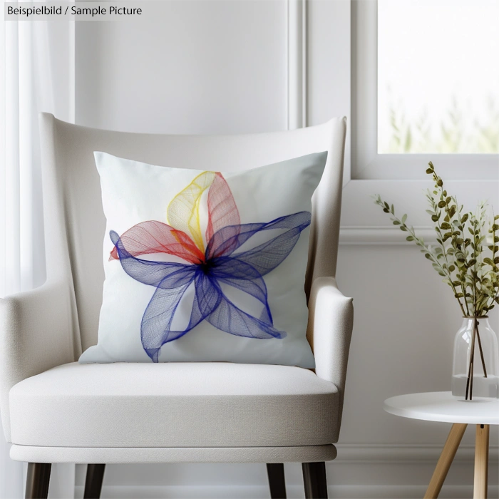 White armchair with pillow featuring abstract floral design in blue, red, and yellow, near window with vase of green leaves.