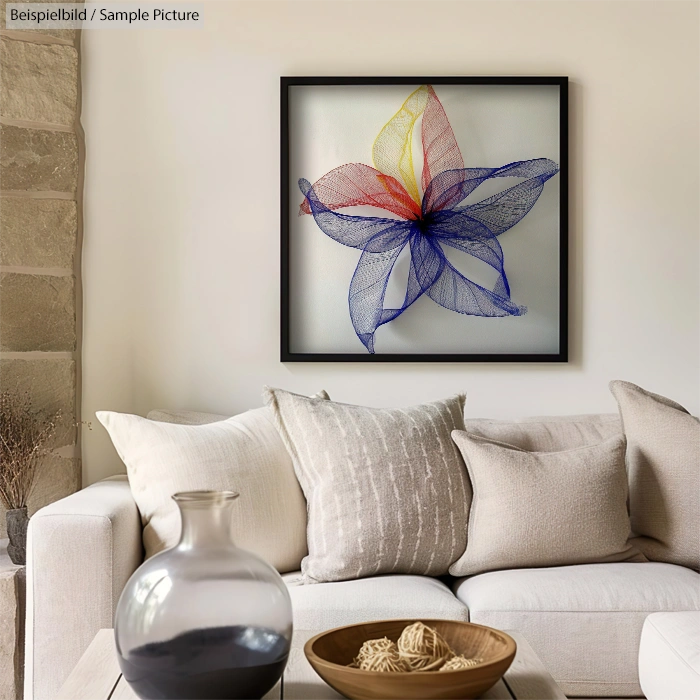 Elegant living room with a beige sofa and abstract floral art on the wall. Decorative glass vase on wooden table.