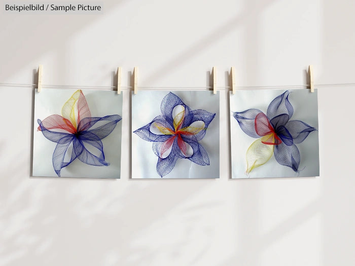 Three abstract, colorful flower images on a clothesline, each with vibrant mesh-like petals in various hues.