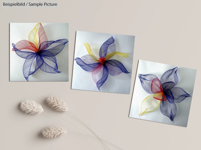 Three colorful mesh flowers displayed on a light background with decorative beige elements.