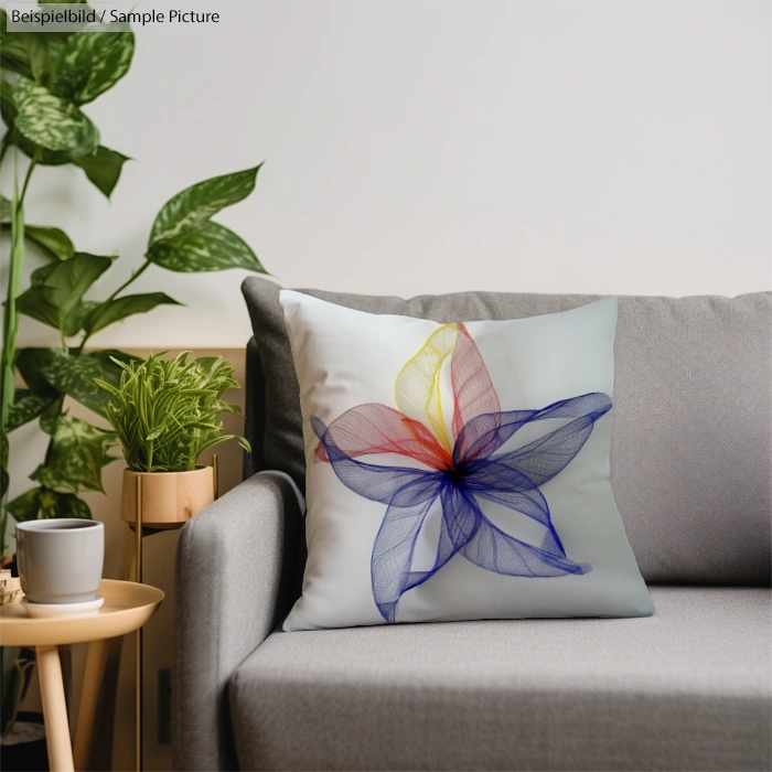 Decorative pillow with abstract colorful flower design on a gray sofa, surrounded by green plants.