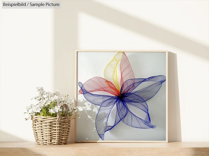 Framed abstract artwork with colorful floral patterns beside a wicker basket of white flowers on a wooden shelf.