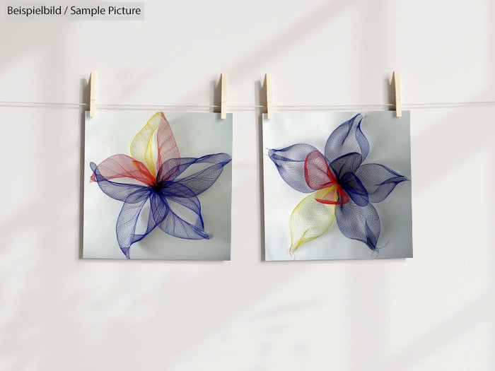 Two flower art pieces with wire mesh petals in blue, yellow, and red, clipped on a string against a neutral background.