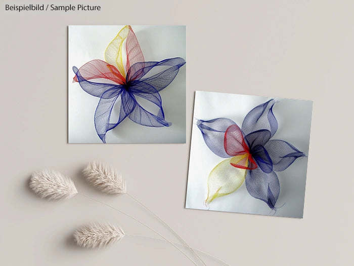 Two mesh flower art pieces in red, blue, yellow with decorative dried grasses on a soft beige background.