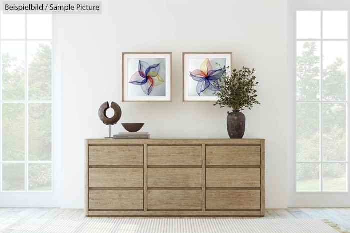 Minimalist room with wooden dresser, abstract art, and greenery.