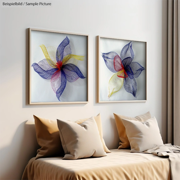 Contemporary bedroom with two framed abstract floral artworks above a bed with beige pillows and a neutral duvet.