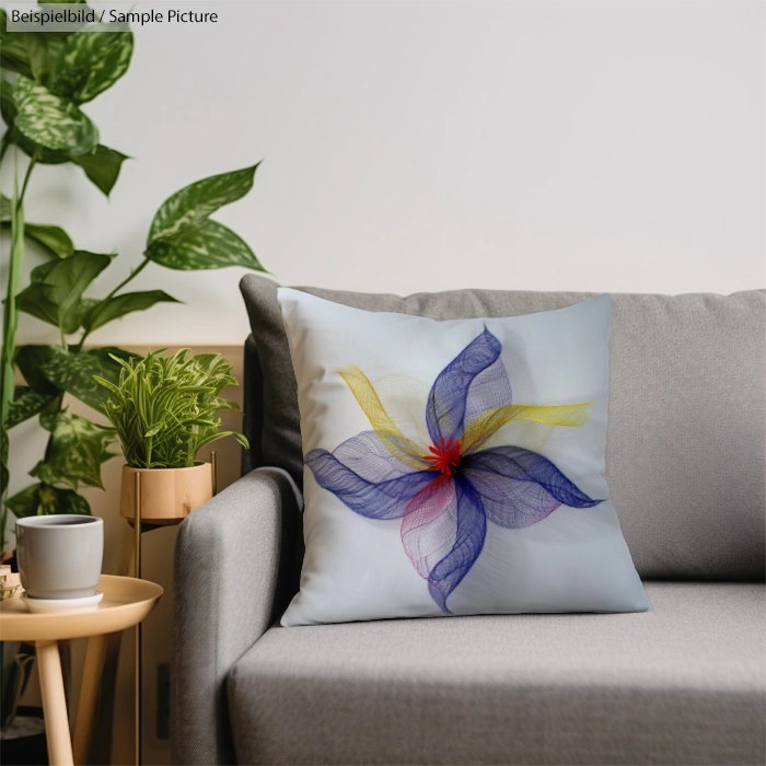 Modern living room with gray sofa, abstract floral pillow, and green plants.