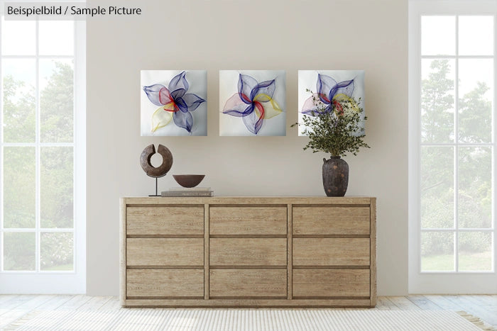 Room with wooden dresser, abstract floral art above, and window views of trees.