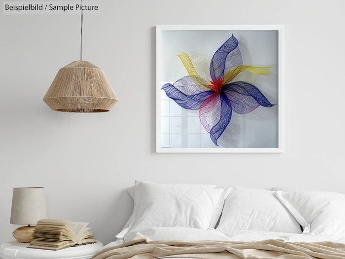 Bedroom with a wall art of colorful mesh flower above white bed, near a woven lamp and a side table with books.