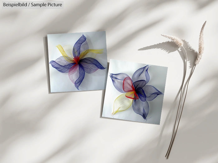 Two floral art pieces with translucent, colorful petals beside decorative grass shadows on a light background.