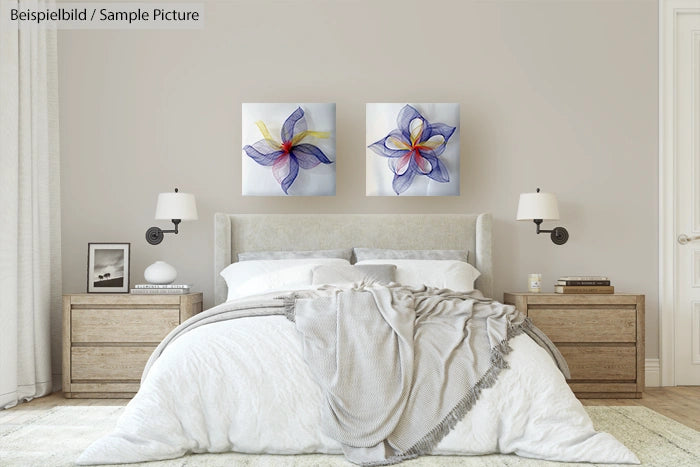 Modern bedroom with a beige bed, light wood nightstands, and framed floral artwork above the bed.