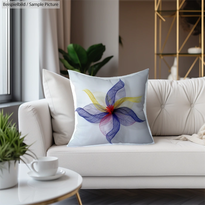 Decorative pillow with a floral design on a white couch in a modern living room.