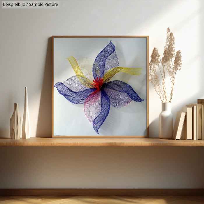 Modern art piece with colorful geometric shapes in a framed square on a wooden shelf with vases and books.