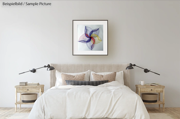 Modern bedroom with abstract art, king-size bed, wooden nightstands, and stylish lamps on a neutral-colored wall.