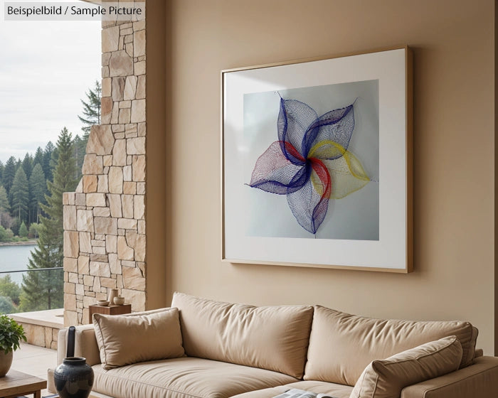 Modern living room with beige sofa, stone wall, and large colorful abstract artwork in a wooden frame.