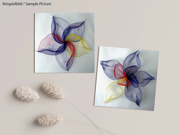 Two abstract floral designs in mesh fabric with blue, yellow, and red petals on a neutral background with pampas grass.