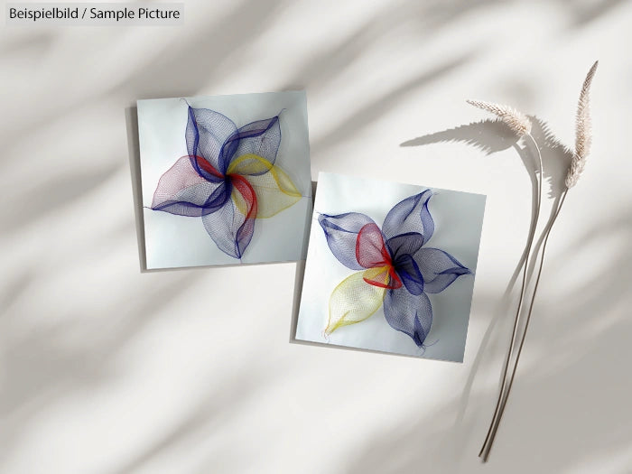 Two abstract flower art pieces in blue, yellow, and red on a light background with grass shadows.