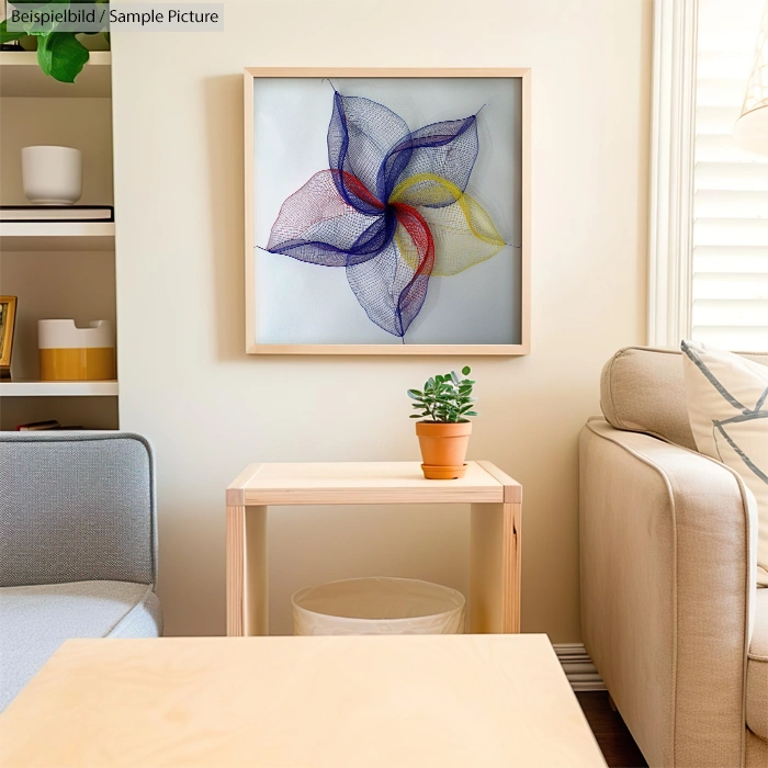Modern living room with abstract wire sculpture art on wall, wooden side tables, and a small potted plant. Cozy and minimalist.