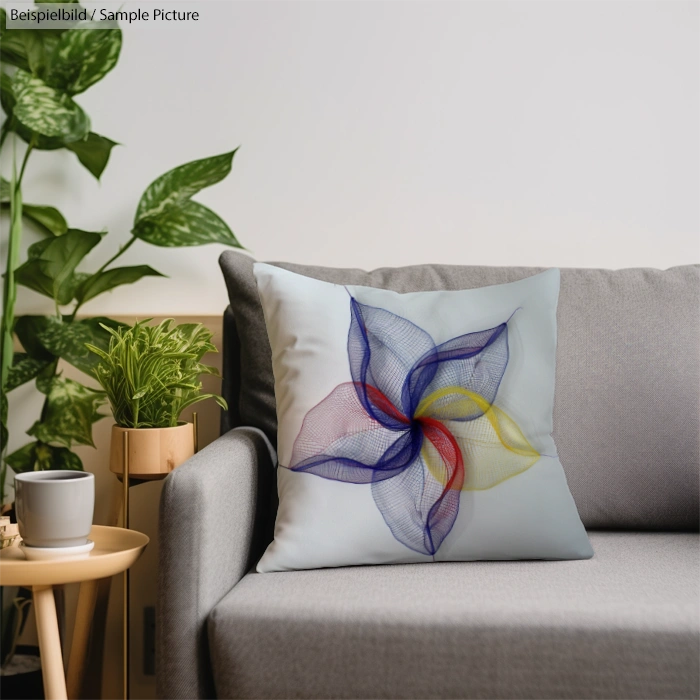 Gray sofa with a decorative pillow featuring a multicolored floral design. Green plant and small table nearby.