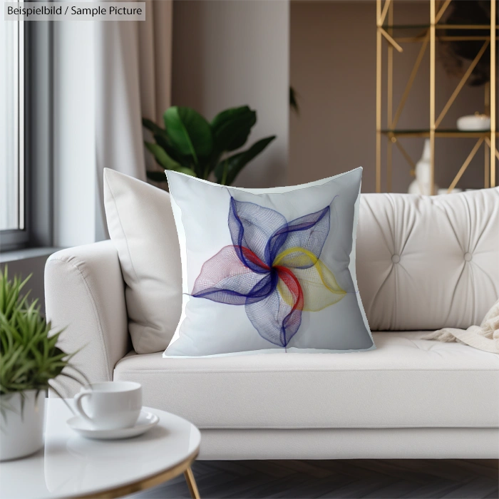 Modern living room with white sofa, artistic throw pillow, geometric design, and gold accent shelving.