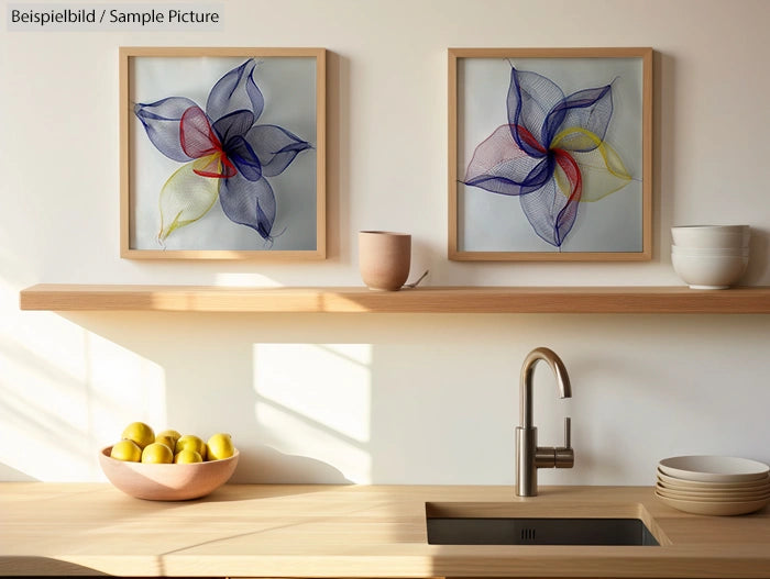 Modern kitchen with wooden shelves, framed abstract art, and a fruit bowl with lemons near a sleek faucet and sink.