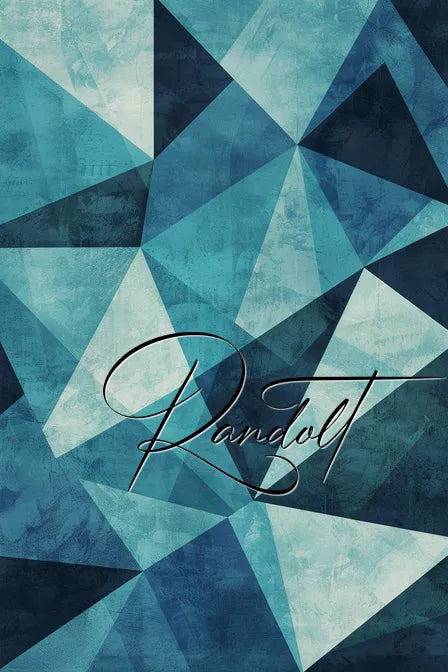 Abstract geometric pattern in shades of blue with the word 'Randolt' in elegant script.