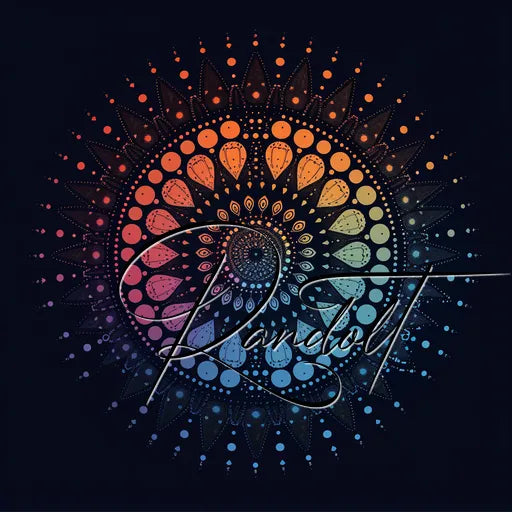 Colorful mandala with intricate patterns and Randolt text, set against a dark background.