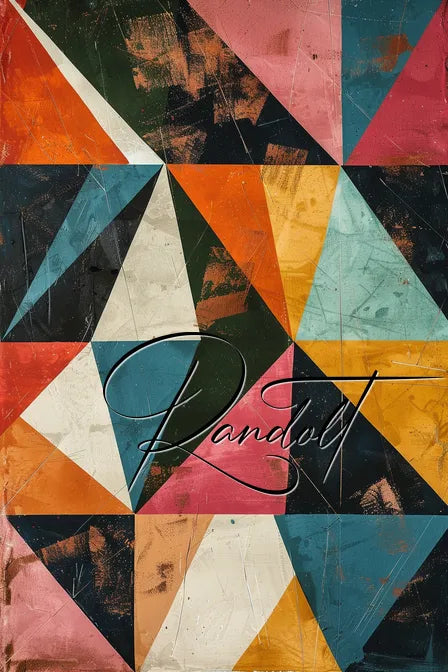 Colorful geometric abstract art with triangles in red, blue, green, orange, and black hues. Signature 'Randolt' overlaid.