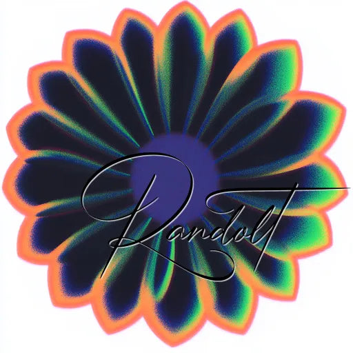 Abstract flower with purple center, neon green and orange-edged petals, and cursive 'Randolt' text overlay.