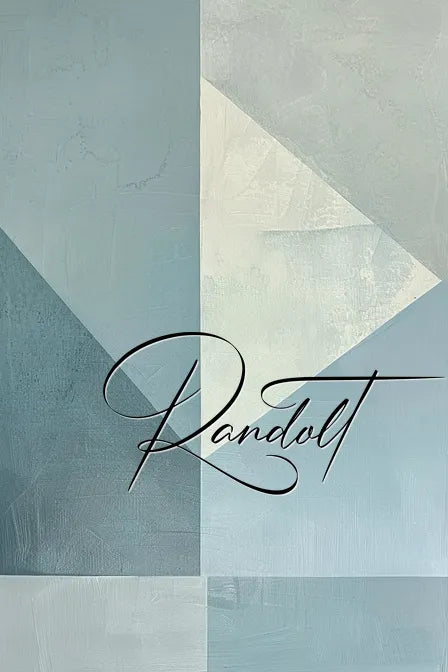 Abstract geometric artwork with shades of blue and intersecting lines; 'Randolt' written in elegant script.