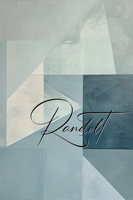Abstract geometric painting in shades of blue and gray with 'Randolt' written in elegant script.