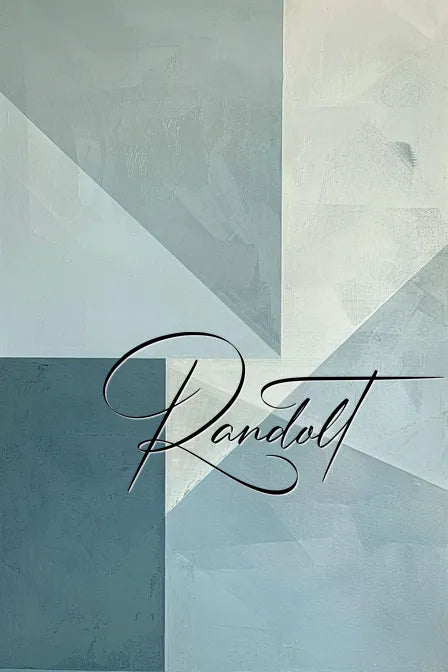 Abstract geometric painting with blue and gray shapes, featuring the Randolt signature in elegant script.