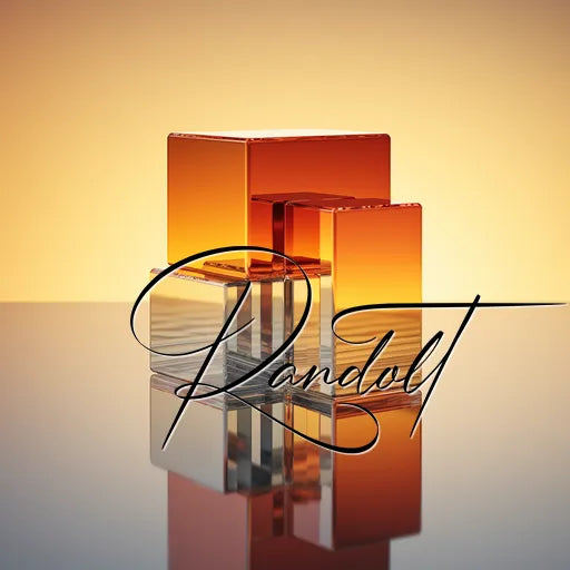 Amber glass blocks on reflective surface with 'Randolt' signature in front.
