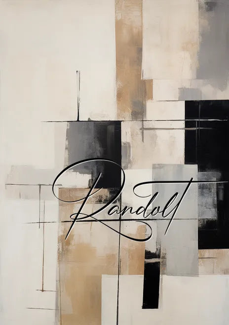 Abstract painting with black, beige, and gray geometric shapes and bold cursive text 'Randolt' overlay.