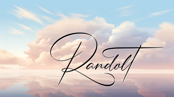 Script font 'Randolt' over a serene sky with clouds and a reflective water surface.