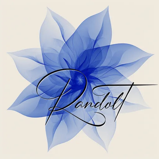 Blue translucent flower with elegant calligraphy spelling 'Randolt' over the petals.